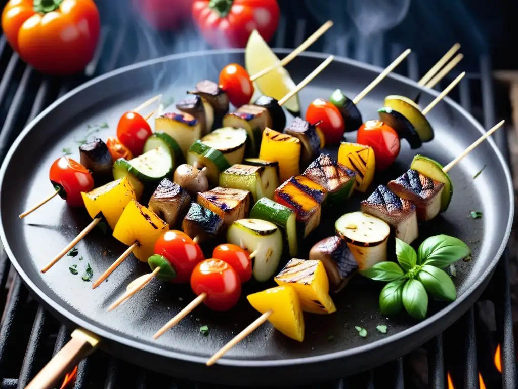 Deliciosa barbacoa vegana: brochetas de verduras a la parrilla con marinada, listas para disfrutar