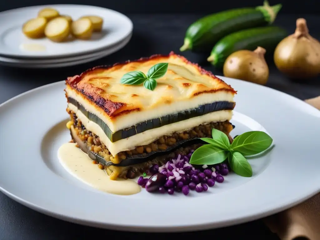 Deliciosa moussaka vegana con capas de berenjena, calabacín y patatas, bañadas en salsa bechamel y hierbas frescas