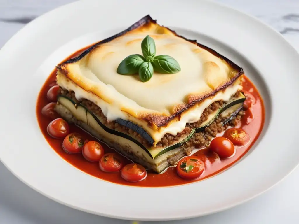 Deliciosa moussaka vegana con capas de berenjena, calabacín y patatas, bañadas en salsa de tomate y bechamel