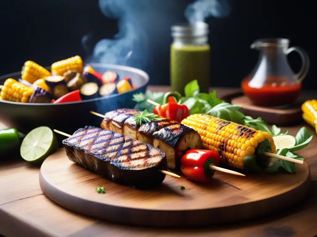 Deliciosa barbacoa vegana sin carne en mesa de madera, con vegetales a la parrilla, hamburguesas y brochetas de tofu