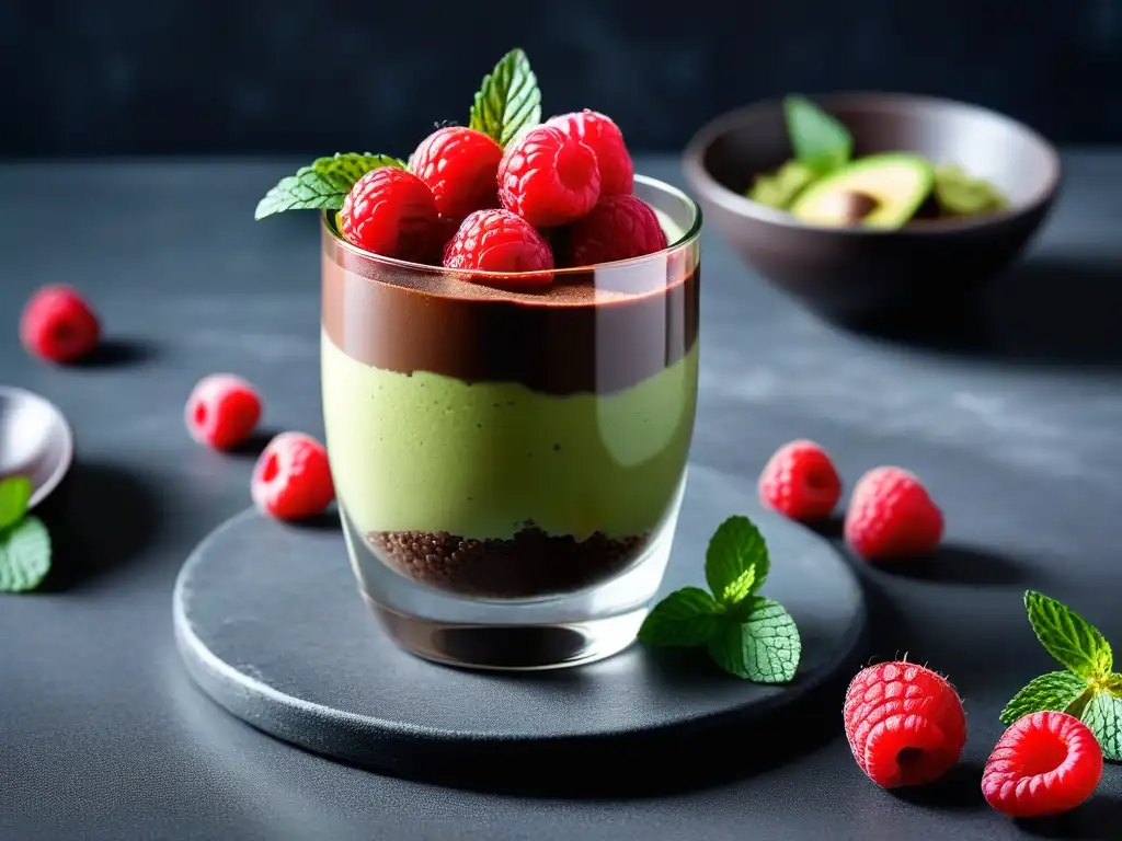 Deliciosa mousse vegana de chocolate y aguacate sin horno con frambuesas y menta en copa de postre en mármol