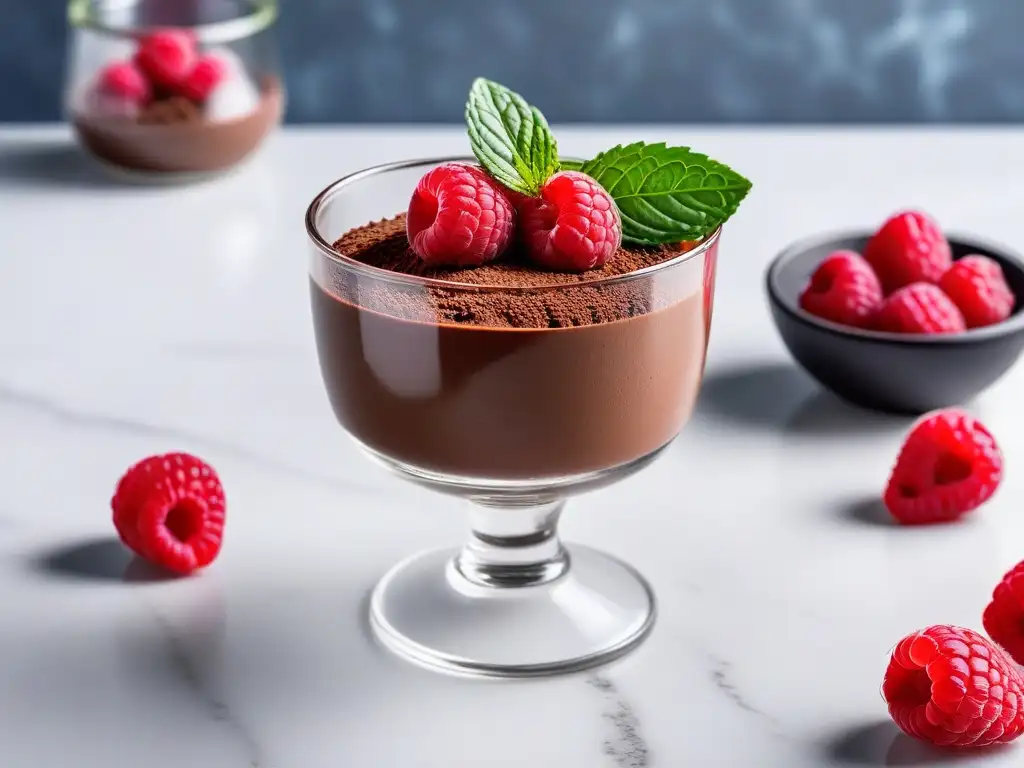 Deliciosa mousse vegana de chocolate y aguacate con frambuesas y menta en copa elegante sobre mármol