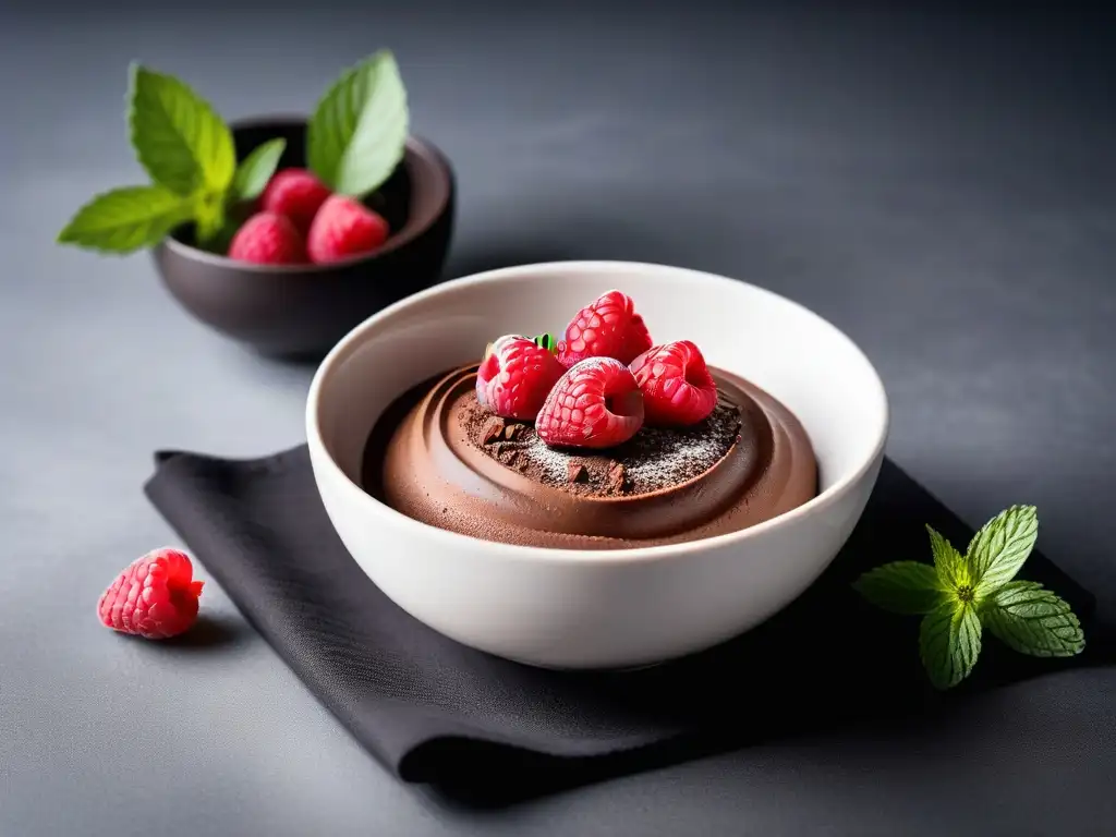Deliciosa mousse vegana de chocolate decorada con frambuesas y menta en un elegante bol blanco sobre encimera de mármol