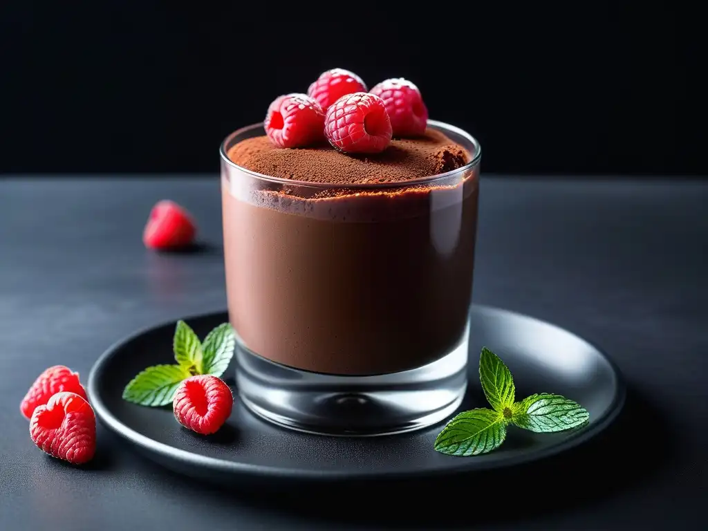 Deliciosa mousse vegana de chocolate con frambuesas y menta en copa