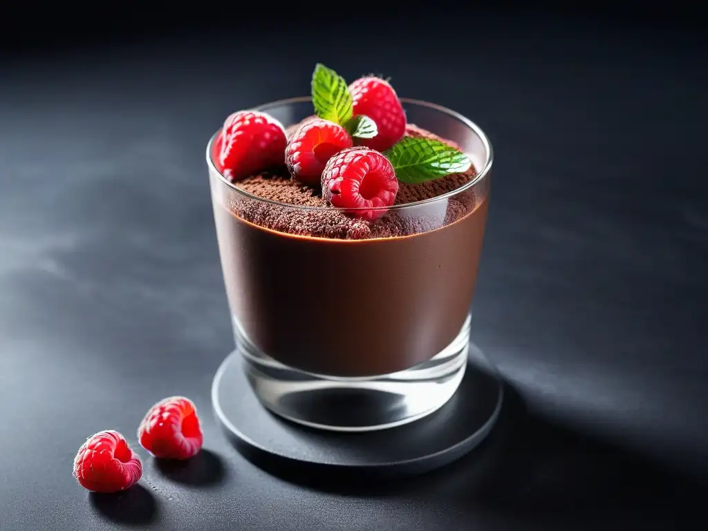 Deliciosa mousse vegana de chocolate con frambuesas y menta en copa de postre