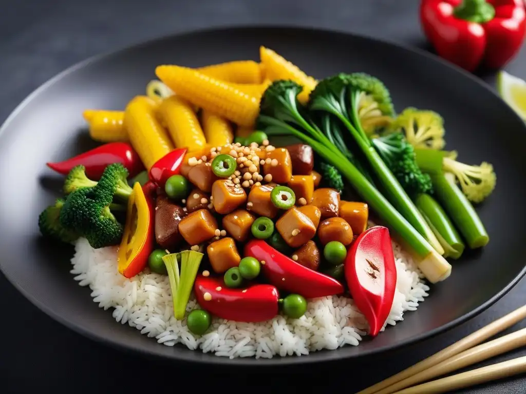 Deliciosa gastronomía vegana en Asia: un colorido revuelto de verduras frescas con salsa, semillas de sésamo y cebolla verde