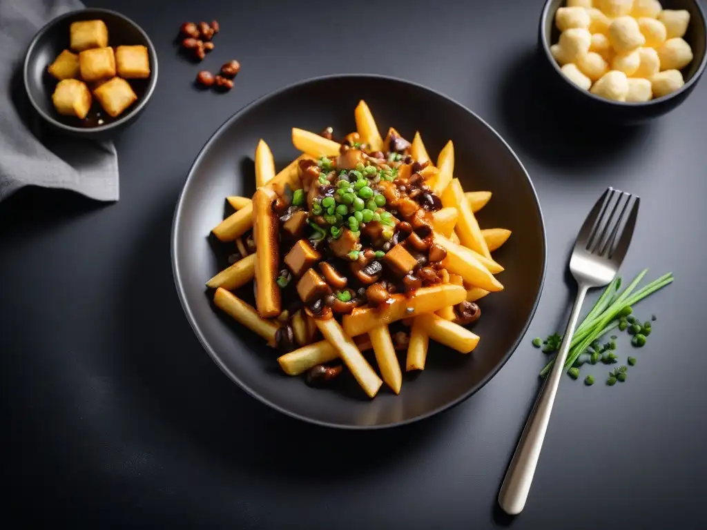 Deliciosa poutine vegana en Canadá: papas crujientes bañadas en salsa de champiñones, queso vegano y tofu ahumado