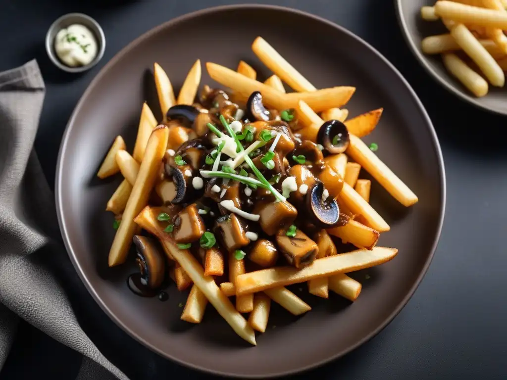 Deliciosa poutine vegana en Canadá: papas crujientes con salsa de champiñones y queso sin lácteos, decorada con cebollino y pimienta negra