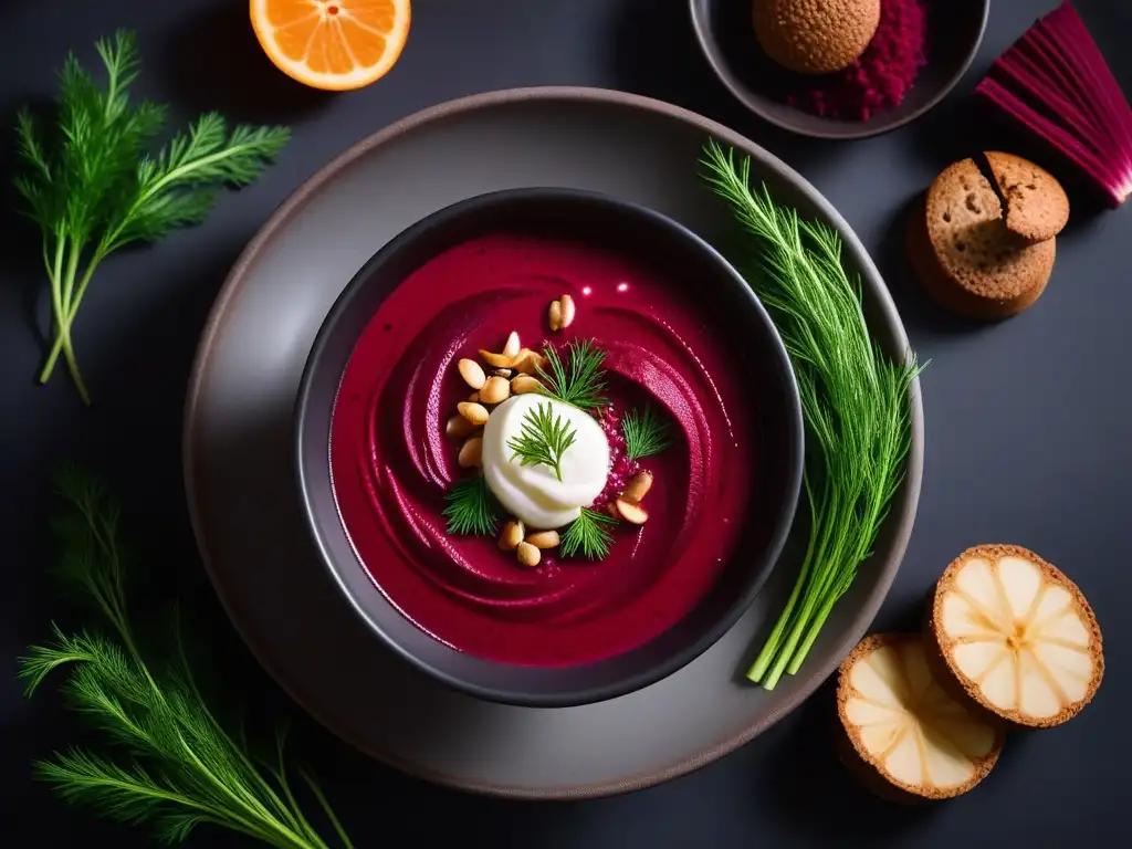 Deliciosa sopa borscht vegana en un cuenco de Ucrania, con crema de anacardos y hierbas frescas