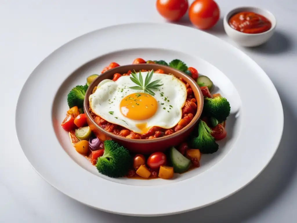 Deliciosa shakshuka vegana gourmet brunch con salsa roja y verduras frescas en plato cerámico moderno