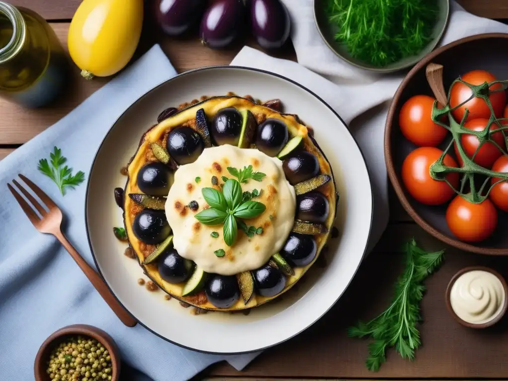 Deliciosa moussaka vegana griega en mesa rústica con ingredientes tradicionales