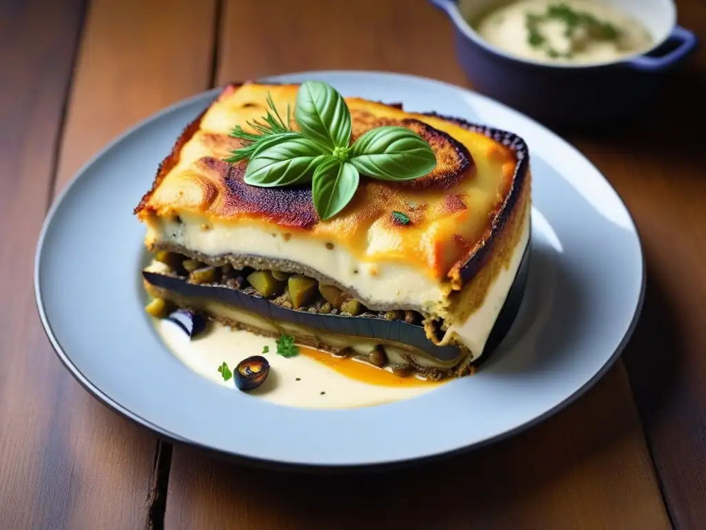 Deliciosa moussaka vegana mediterránea con capas de berenjena, calabacín y patatas, cubierta de bechamel vegana y hierbas frescas