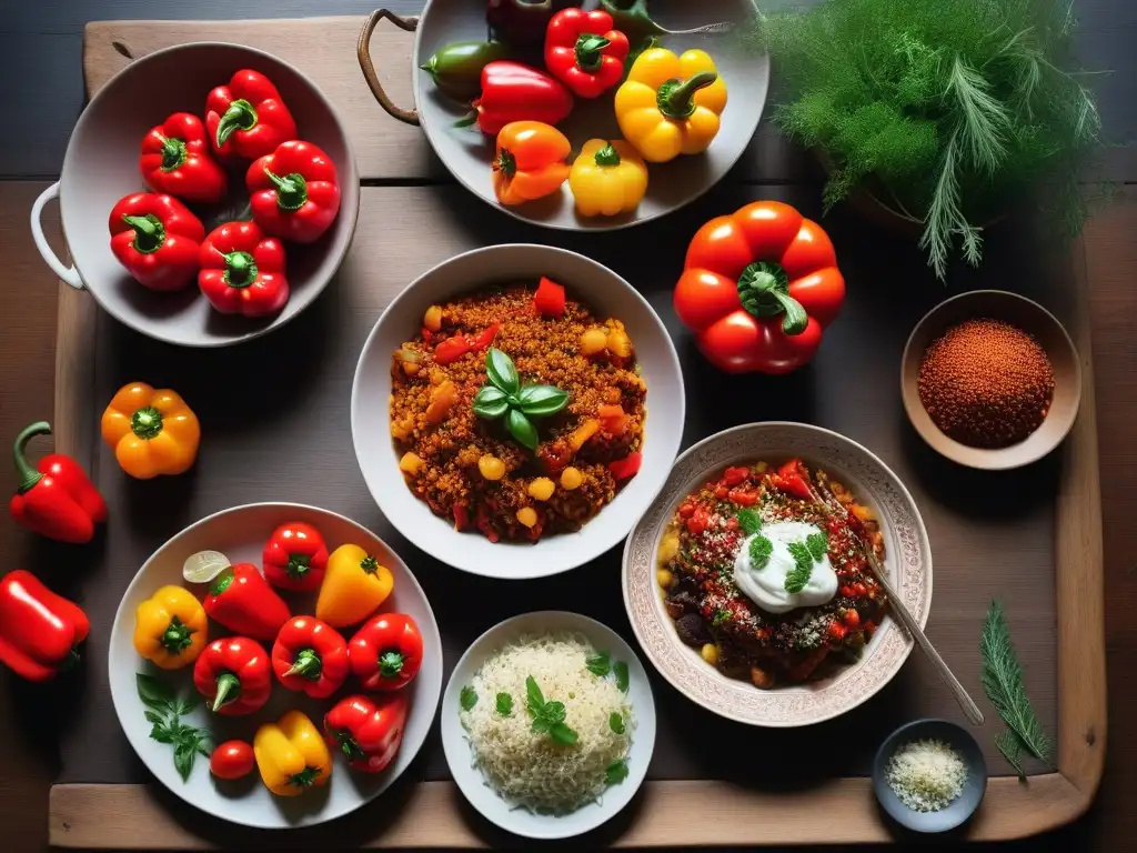 Deliciosa gastronomía vegana en Bulgaria: mesa rústica repleta de coloridos platos tradicionales y frescos ingredientes