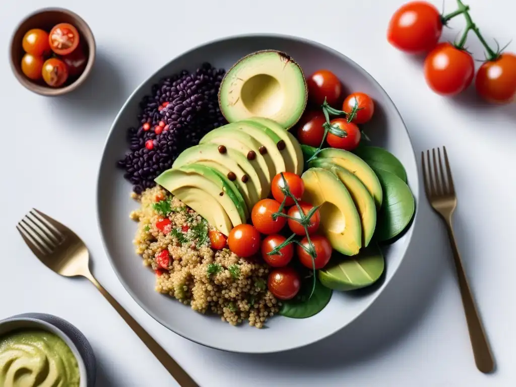 Deliciosa alimentación vegana minimalista: una comida colorida y fresca en un plato moderno y elegante