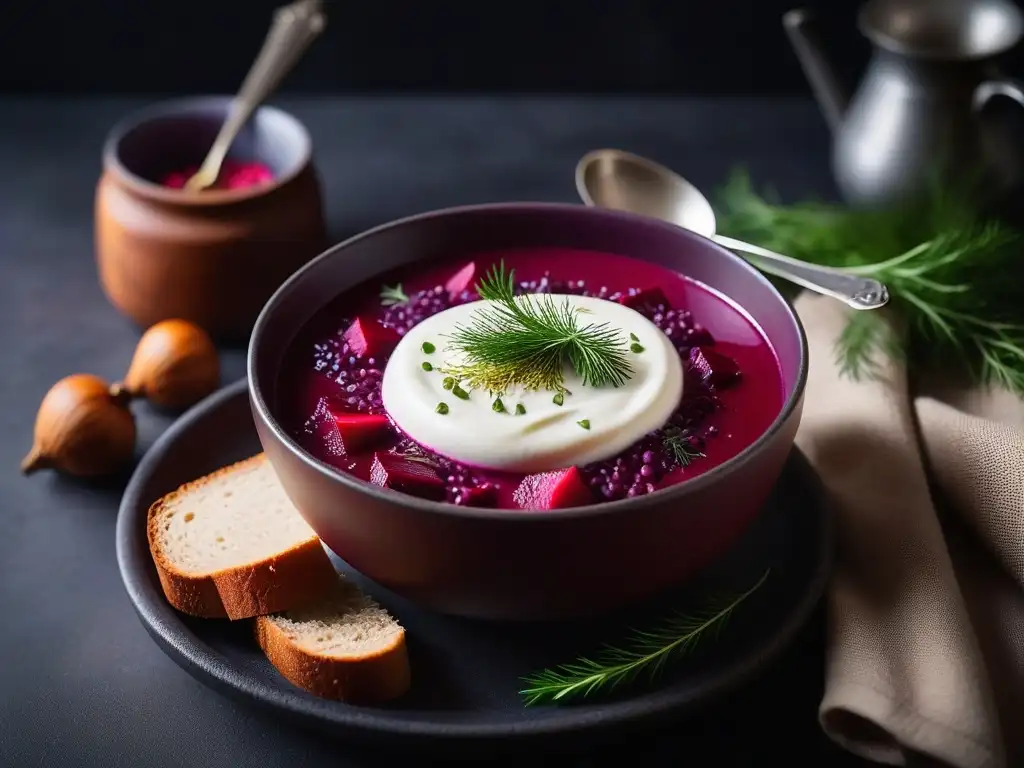 Deliciosa sopa borscht vegana en plato, con remolacha morada, crema de anacardos y eneldo fresco