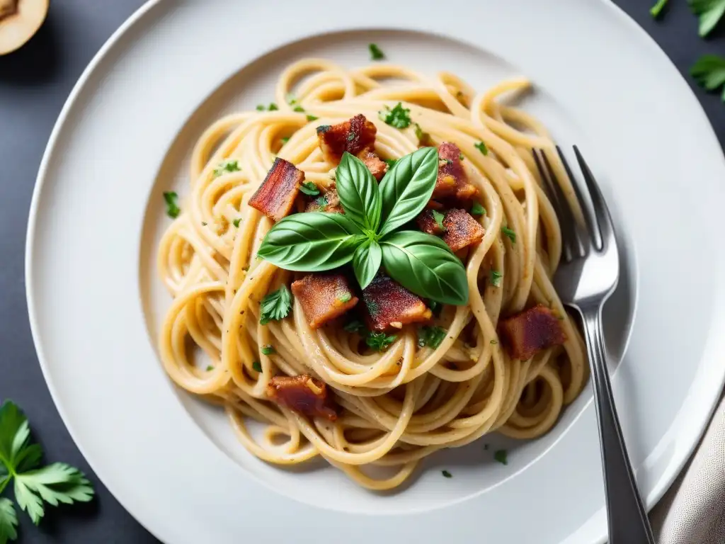 Deliciosa reinterpretación vegana de platos clásicos, con espaguetis carbonara veganos