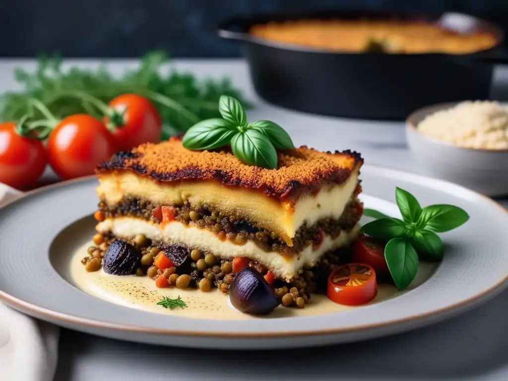 Deliciosa Moussaka Vegana Receta Fácil: un plato colorido y tentador con capas de verduras, bechamel y proteína vegetal, adornado con hierbas frescas