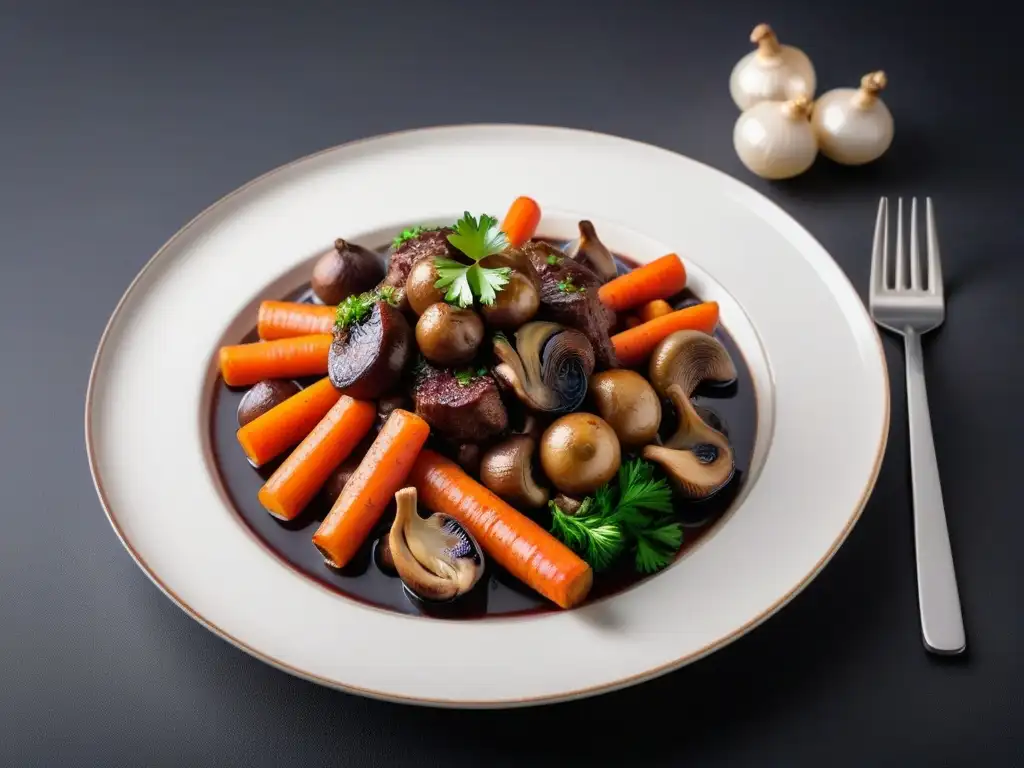 Deliciosa reinterpretación vegana de la receta francesa de boeuf bourguignon en elegante presentación