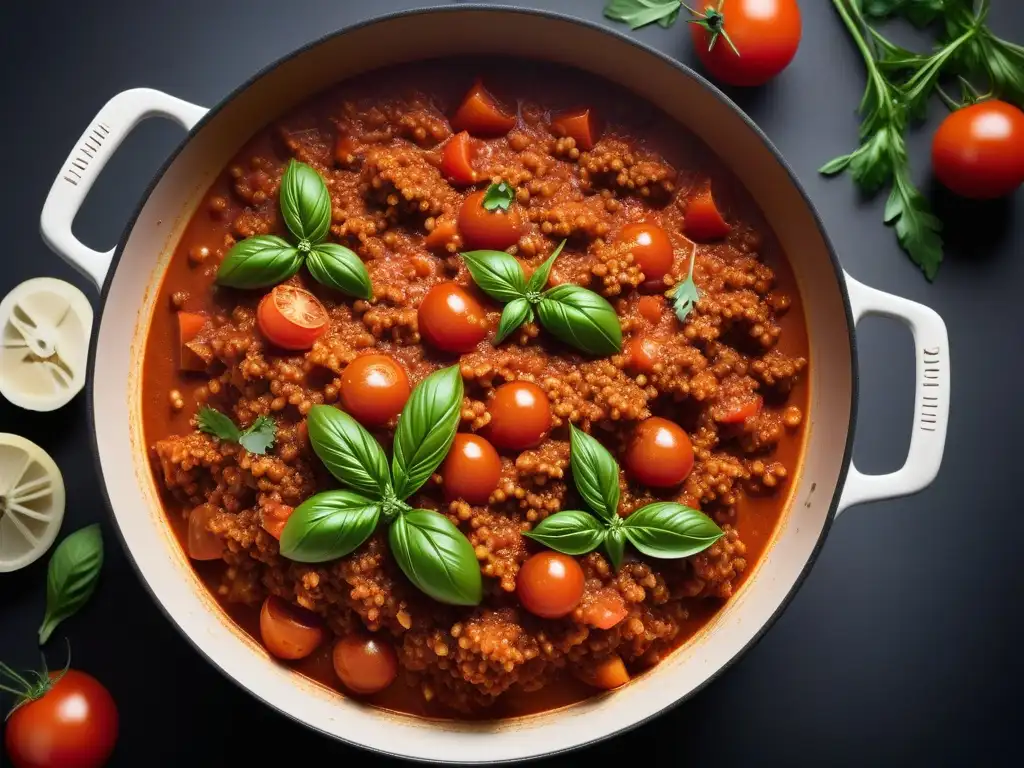 Una deliciosa Salsa Boloñesa Vegana Receta Secreta en ebullición, con tomates rojos, hierbas aromáticas y proteína vegetal