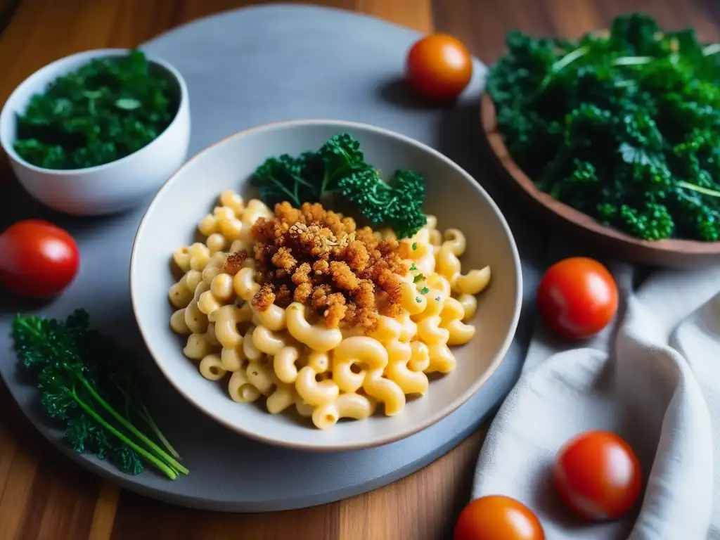 Deliciosa mac and cheese vegana con salsa de anacardos, bacon de coco crujiente y chives, en un plato minimalista rodeado de tomates y kale