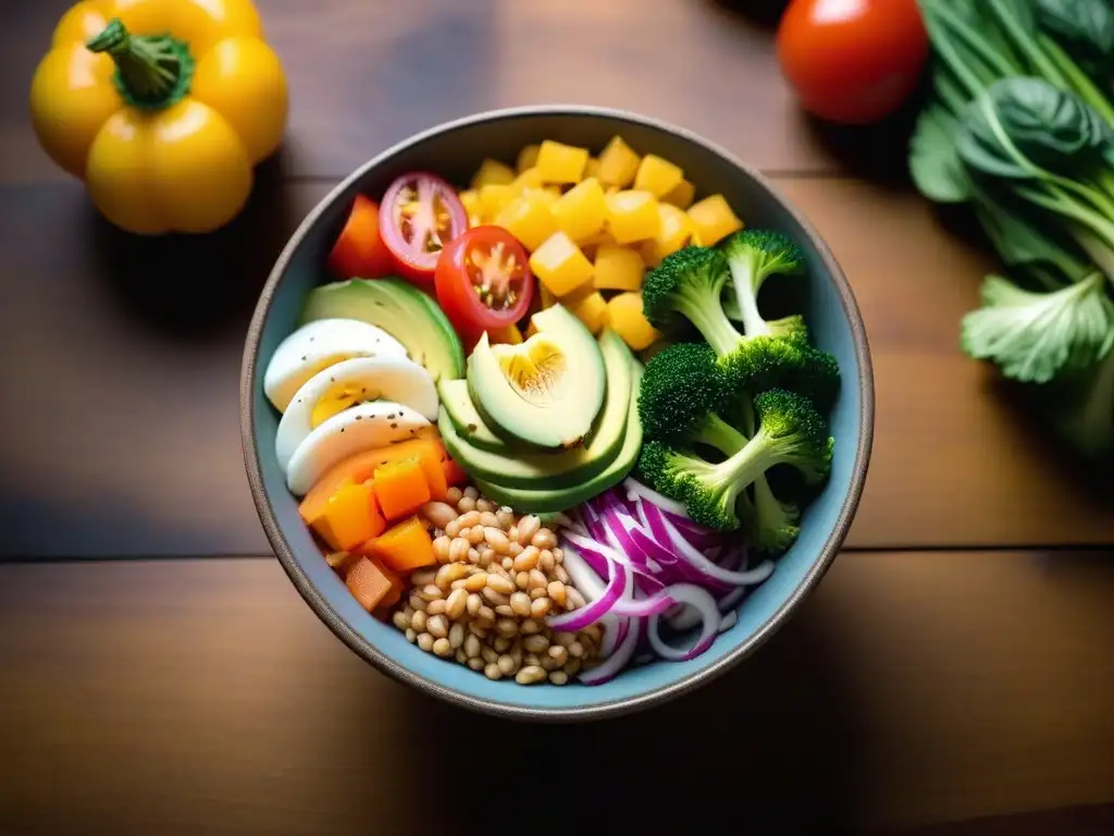 Deliciosa alimentación vegana y salud mental: Buddha bowl colorido con ingredientes frescos y variados sobre mesa de madera