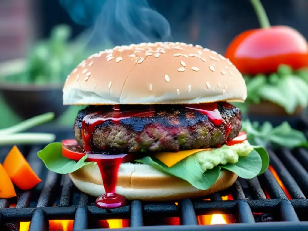 Deliciosa burger vegana sangrante en la parrilla rodeada de vegetales frescos