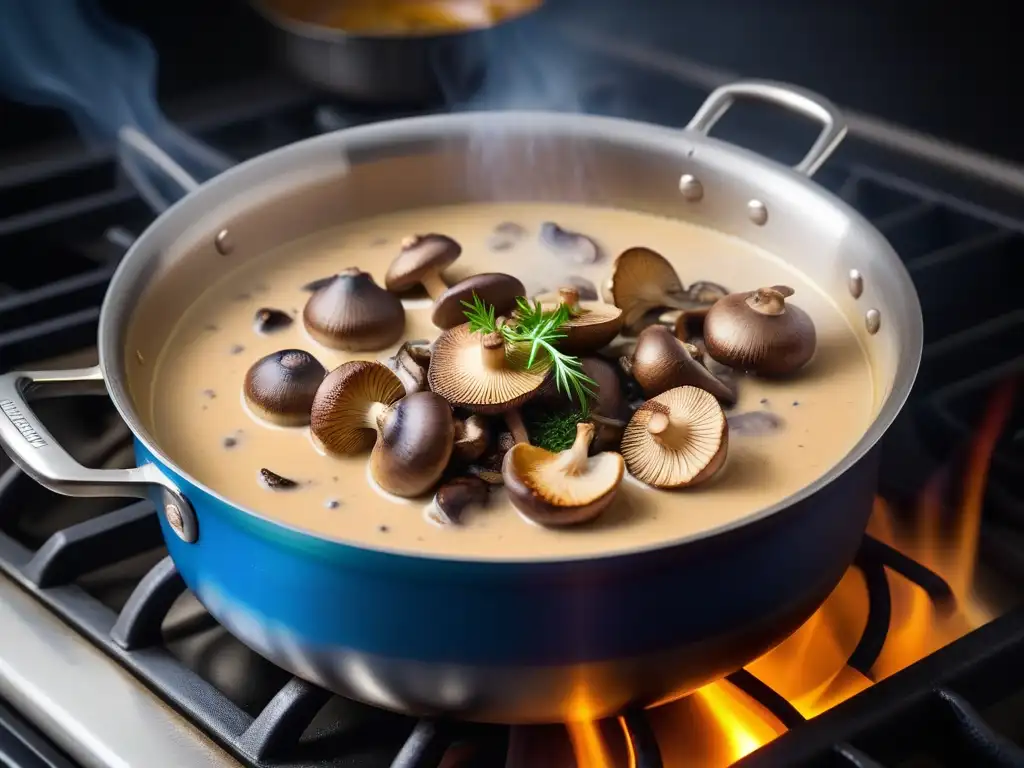 Deliciosa salsa champiñones vegana burbujeando en una sartén moderna sobre fuego azul