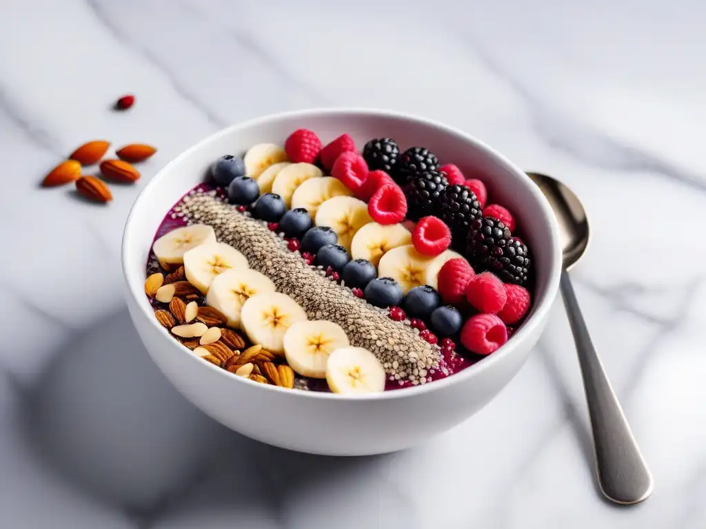 Deliciosa acai bowl vegana con superfoods en elegante encimera de mármol