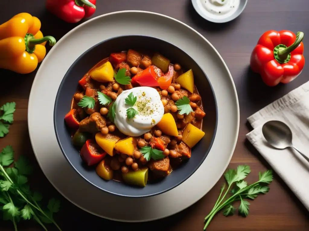 Deliciosa goulash vegano con ingredientes coloridos y frescos, servido en un elegante tazón minimalista