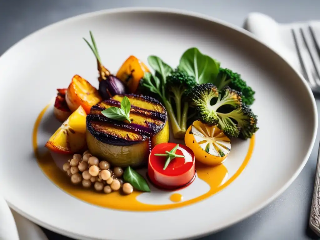 Deliciosa presentación de verduras asadas con salsa dorada, en plato blanco