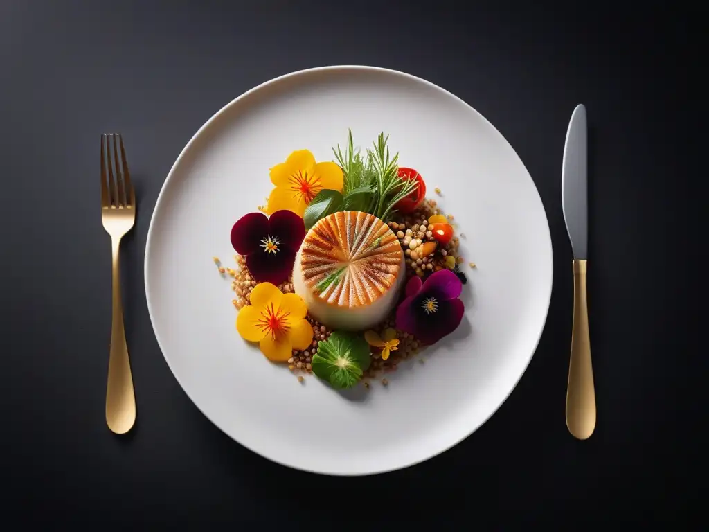 Una deliciosa y vibrante obra de arte vegana en un plato blanco, con vegetales coloridos y flores comestibles