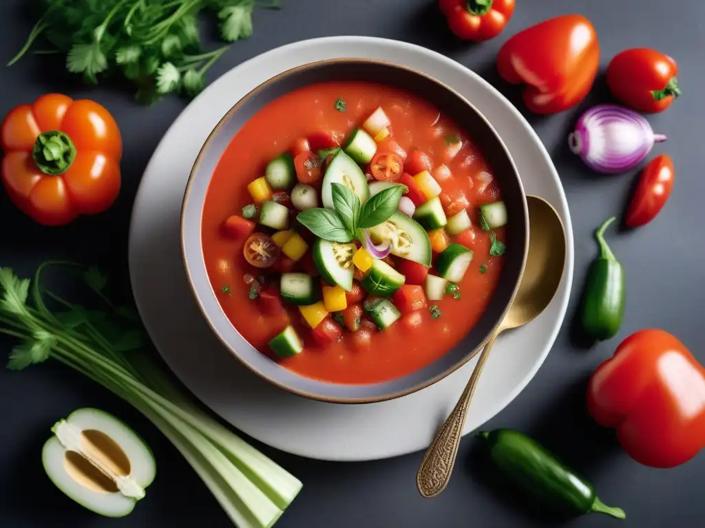 Una deliciosa vista aérea de un bol de gazpacho vegano colorido y refrescante en una encimera de mármol