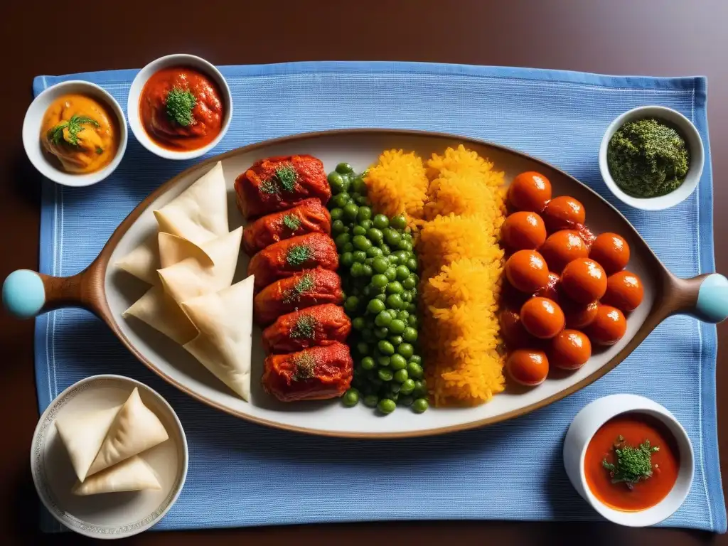 Una deliciosa vista aérea de una colorida mesa vegana balcánica, fusiones de sabores y tradiciones