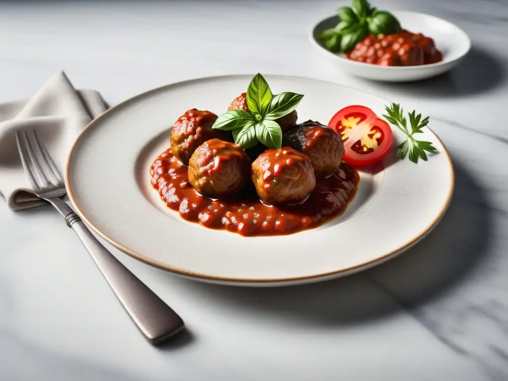 Deliciosas albóndigas veganas bañadas en salsa de tomate, adornadas con hierbas frescas, en un plato minimalista