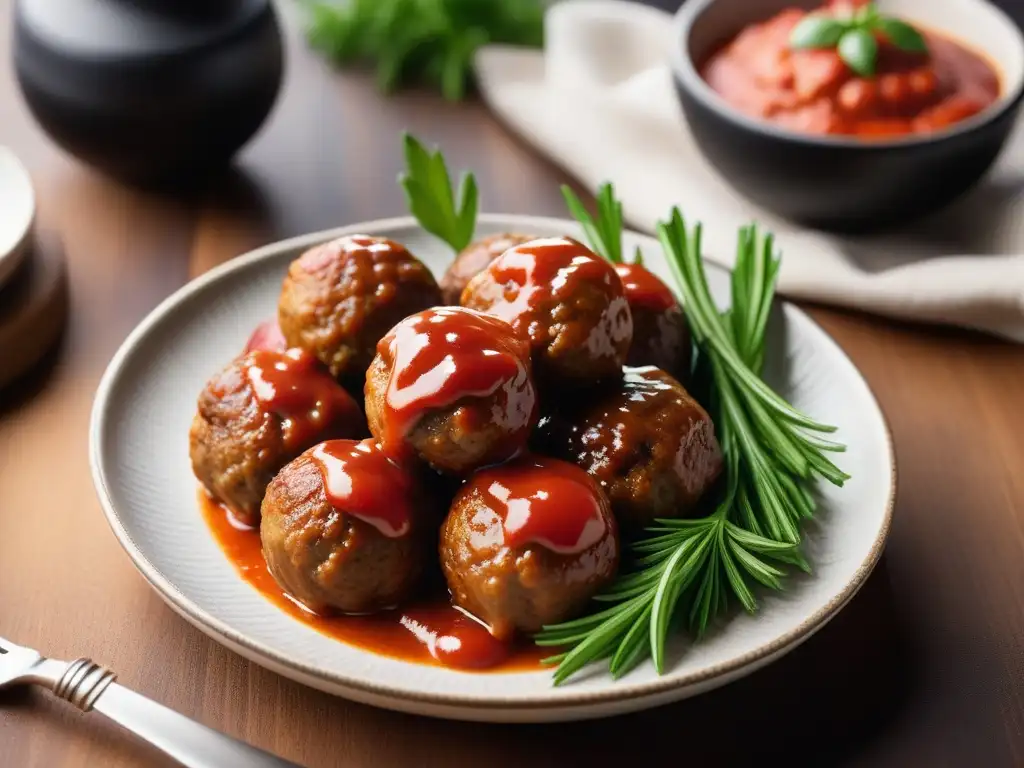 Deliciosas albóndigas veganas doradas en salsa de tomate, presentadas con elegancia