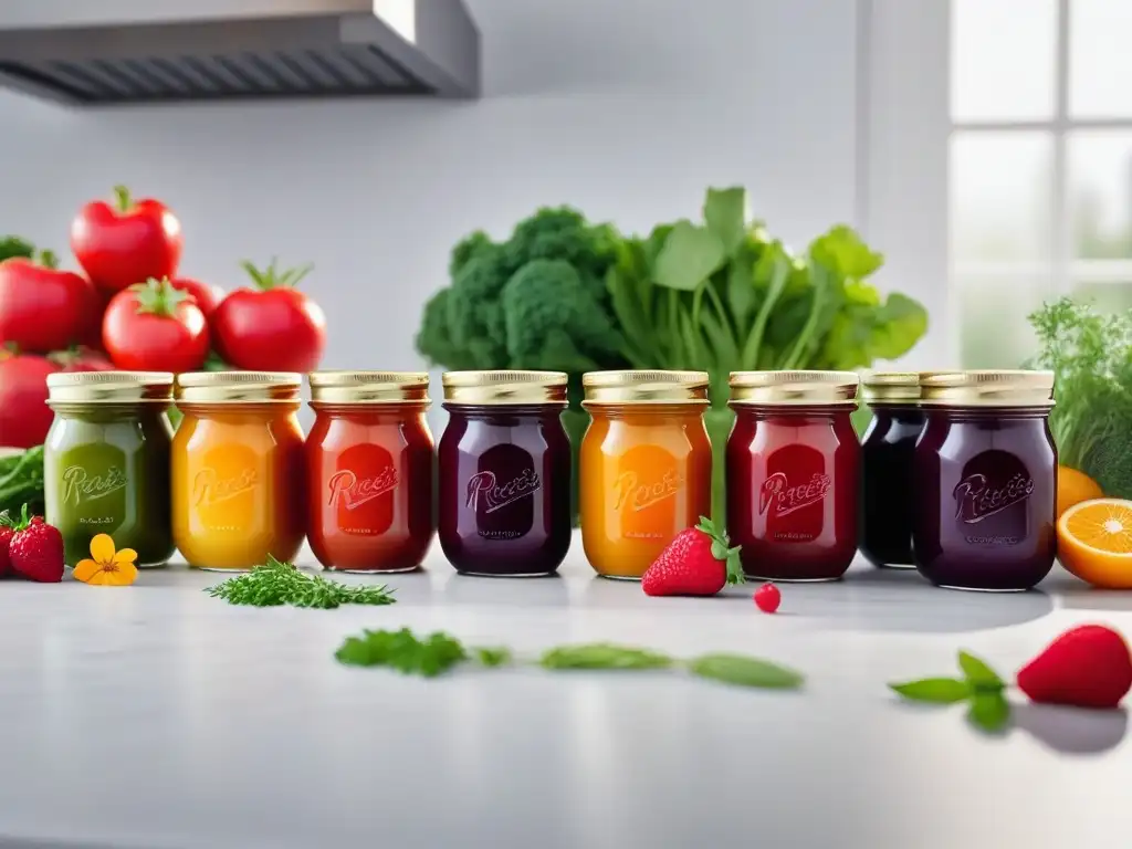 Deliciosas purés de alimentos para bebé vegano en frascos de cristal, con coloridas frutas y verduras, adornadas con hierbas y flores comestibles