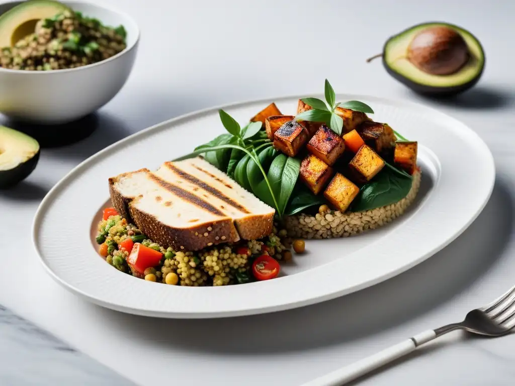 Deliciosas alternativas veganas al almuerzo con quinoa, curry de lentejas, wrap de verduras y tofu, en un elegante plato blanco con hierbas frescas