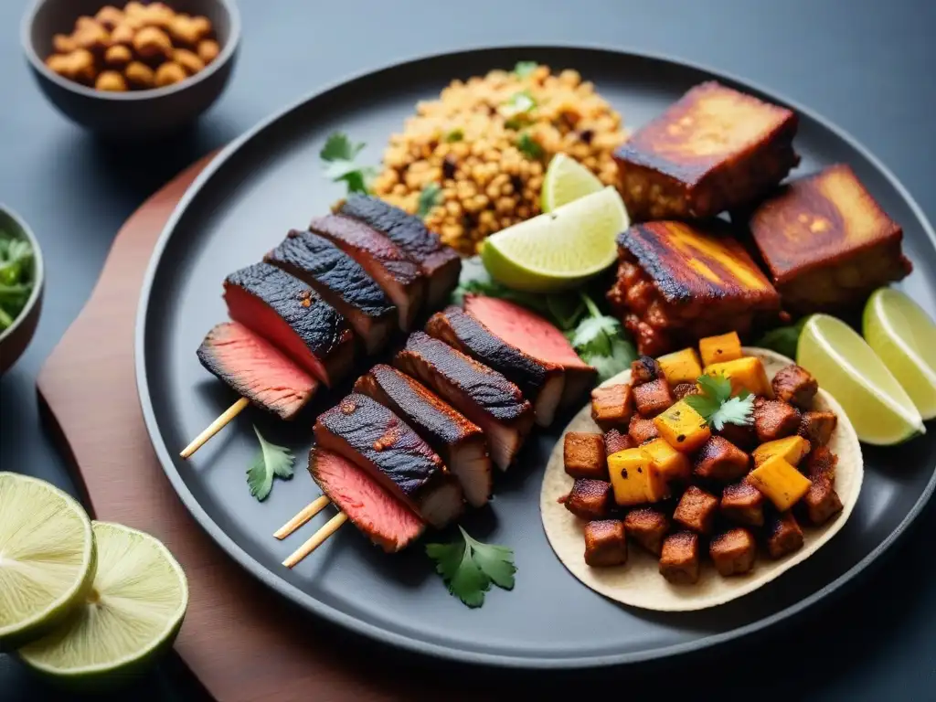 Deliciosas alternativas veganas para antojos, presentadas con colores vibrantes y texturas apetitosas en un elegante plato moderno