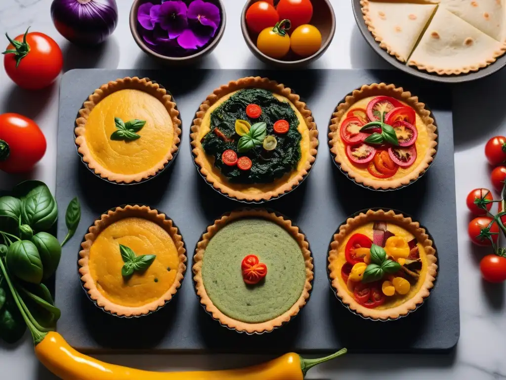 Deliciosas alternativas veganas para tortillas, con quiches y ingredientes coloridos y frescos en un elegante y vibrante arreglo culinario