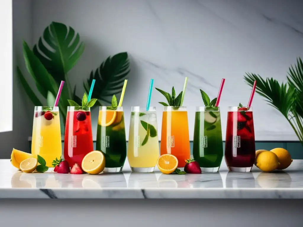 Deliciosas bebidas veganas hidratantes en elegante cristalería, con agua infusionada, té helado y coco con frutas tropicales en mármol y vegetación