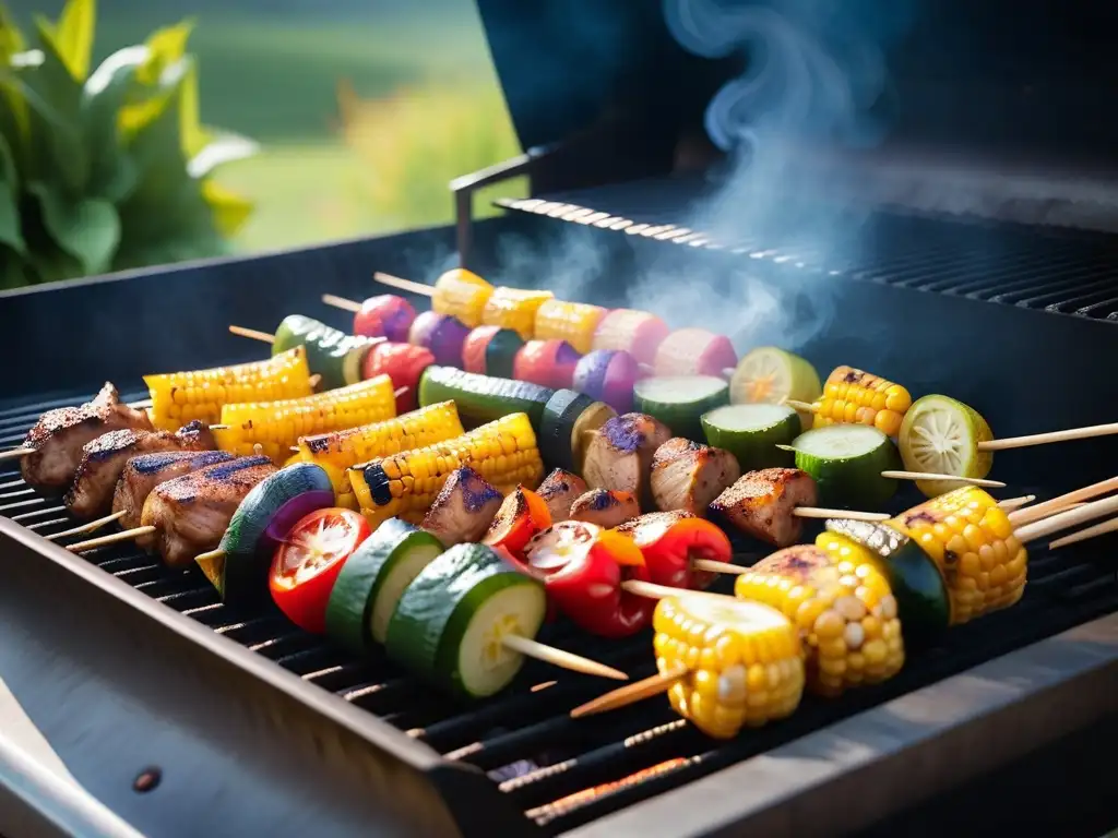 Deliciosas brochetas de pollo vegano a la parrilla rodeadas de vegetales asados, en un atardecer con aroma a barbacoa