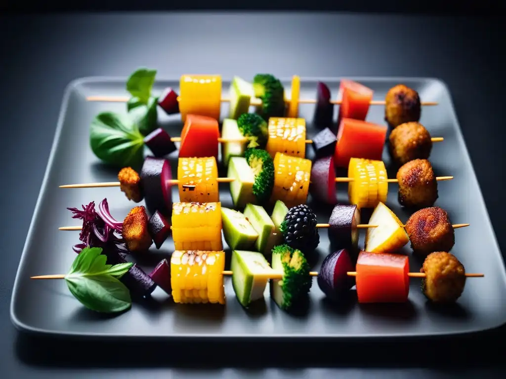 Deliciosas brochetas veganas con capas de proteínas vegetales, vegetales y frutas, en una presentación artística