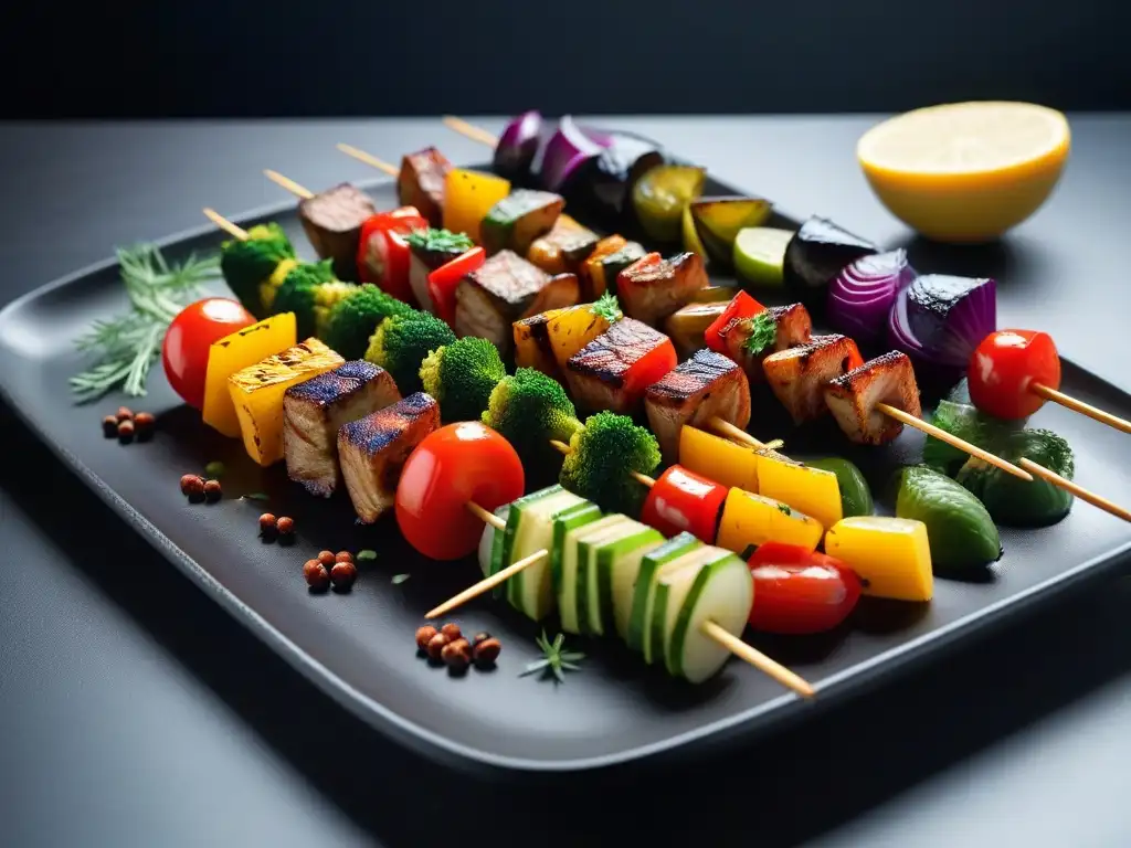 Deliciosas brochetas veganas coloridas en plato elegante