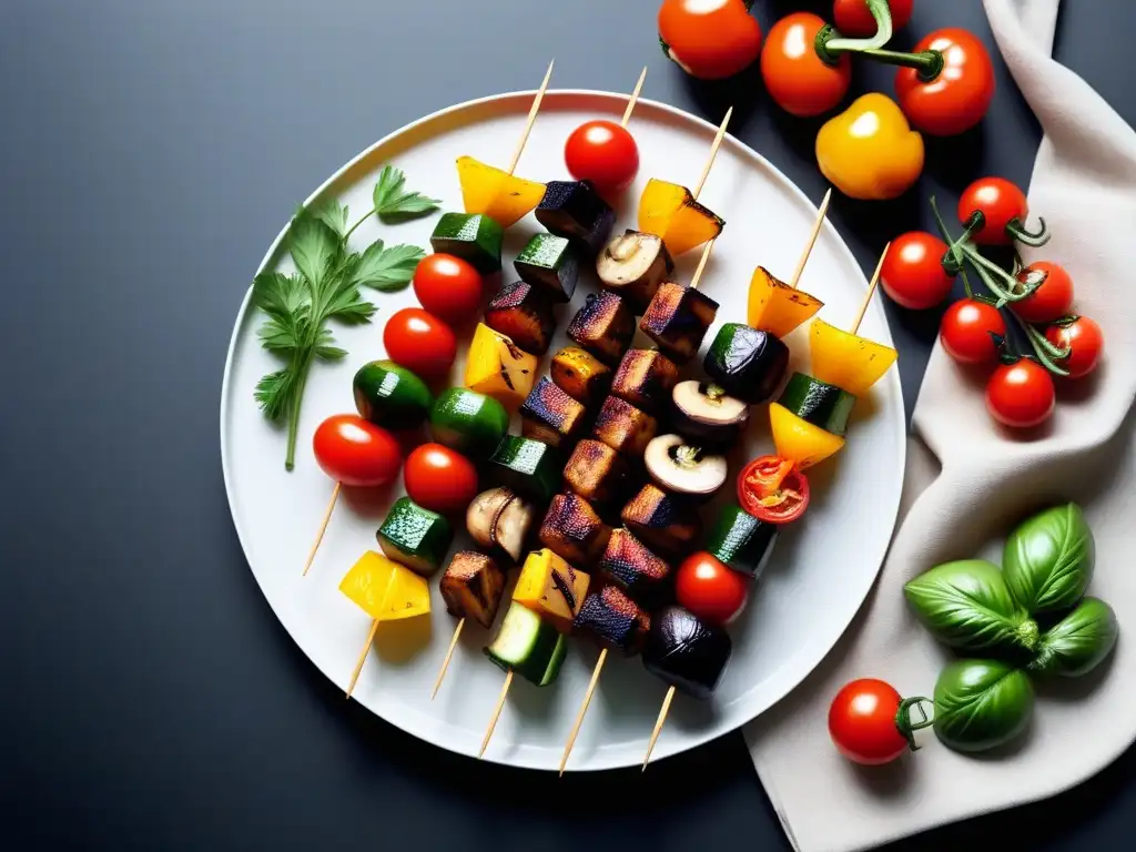 Deliciosas brochetas veganas con coloridos vegetales a la parrilla en un plato minimalista