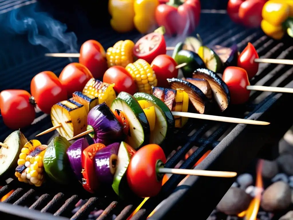 Deliciosas brochetas de vegetales a la parrilla, expertamente preparadas