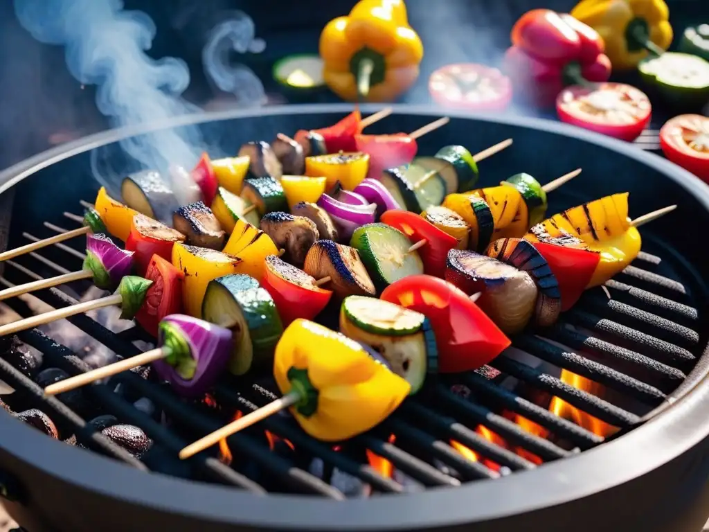 Deliciosas brochetas de vegetales a la parrilla, con colores y sabores vibrantes en un asado vegano recetas sabores