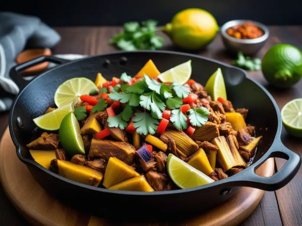 Deliciosas carnitas veganas de jackfruit sizzling en sartén de hierro, sazonadas con especias coloridas y decoradas con cilantro fresco y limón