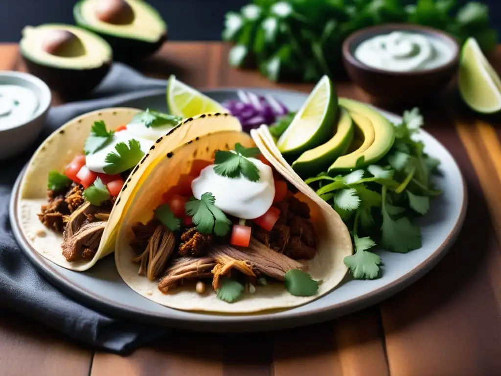 Deliciosas carnitas veganas receta fácil: coloridos tacos veganos con aguacate y limón en tabla de madera