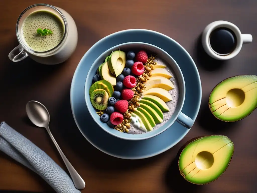 Deliciosas combinaciones veganas para desayuno en una mesa vibrante con chía, aguacate, smoothies y café