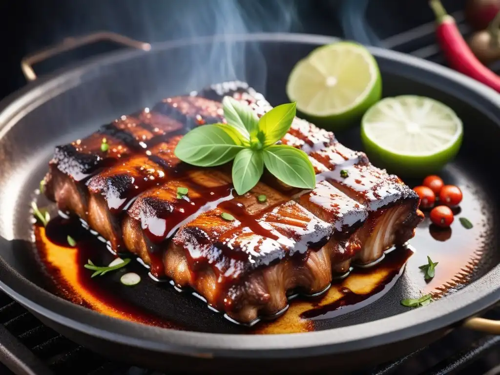 Deliciosas costillas veganas a la barbacoa, con salsa brillante y hierbas frescas, asándose en la parrilla